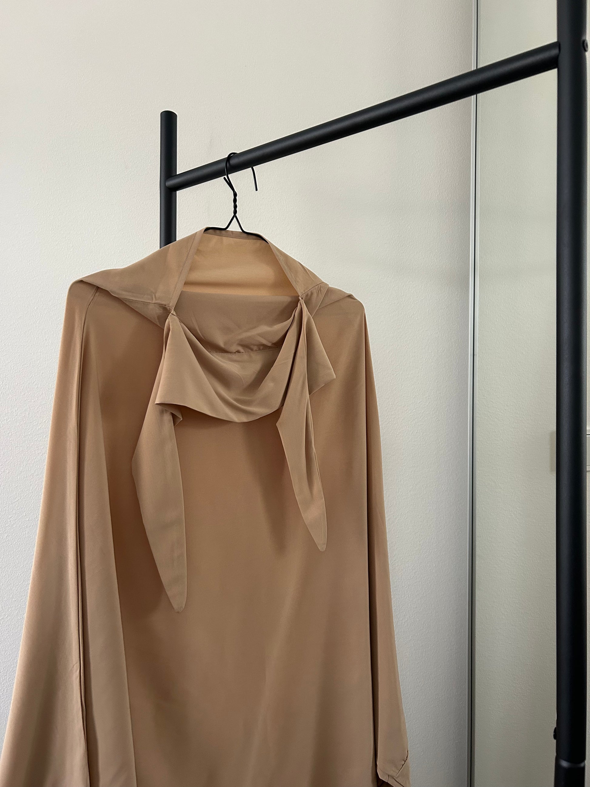 Soft Camel Layla Khimar Set in a light beige color, showcasing a sleek, lightweight fabric that offers full coverage with ease.