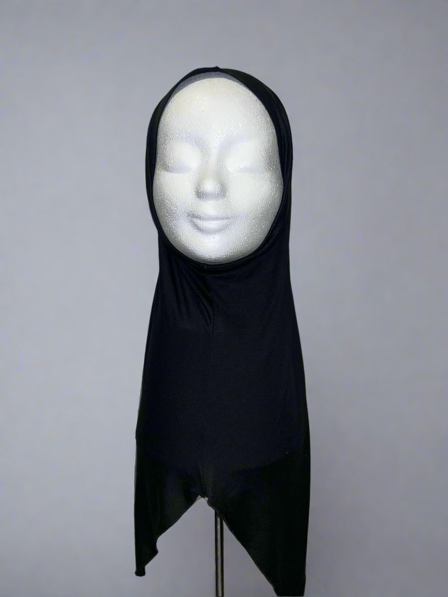 Front view of the Neck-Covering Undercap in black on a mannequin, showcasing full head and neck coverage with a smooth, comfortable fit.